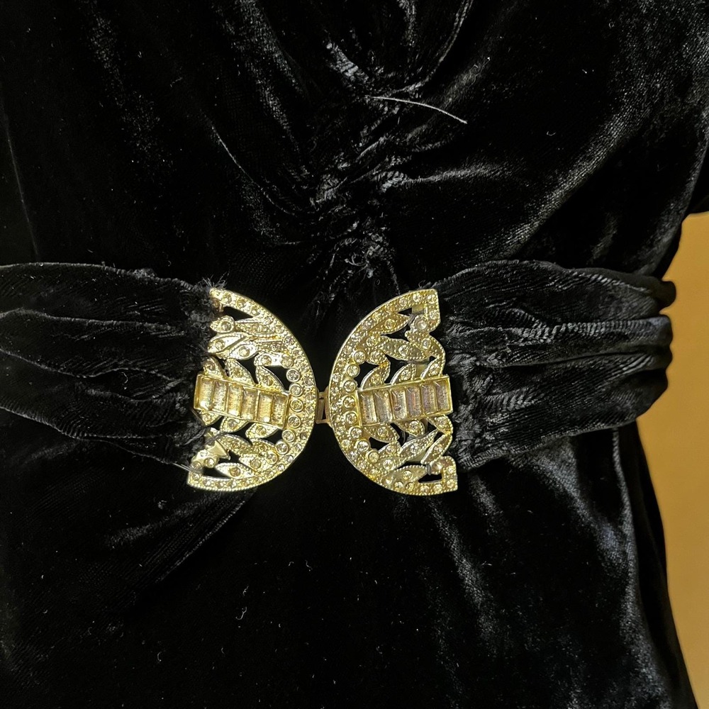 1930s Black Silk Velvet Evening Gown Openhym's Rhinstone Belt Dress S - Picture 7 of 9